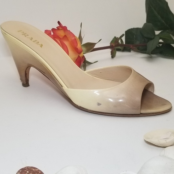 PRADA -2 Tone Beige Leather Kitten Heels Sandals - Picture 8 of 8